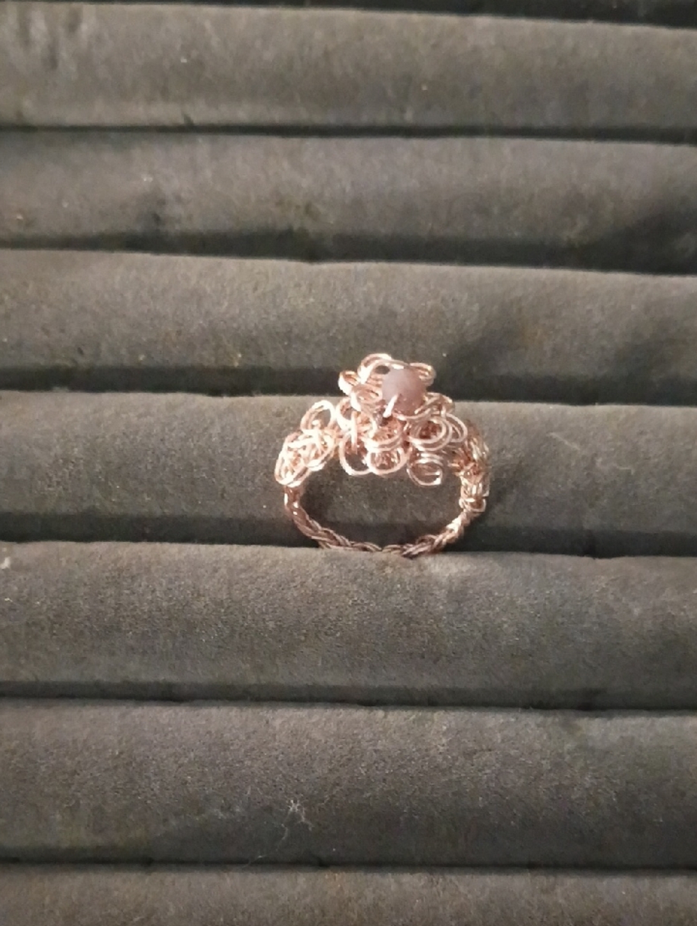 Handcrafted Rose Gold Wire Crochet Ring with Pink Bead